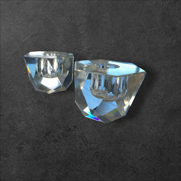 VTG 1950s Set of 2 Candleholders Hand Cut Crystal Glass Geometric Japan 2”x3” - Picture 5 of 13